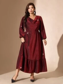 Comfylo Plus Size Elegant Party Glitter Cowl Neck Dress - Burgundy - View 7
