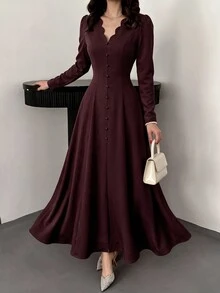 NOVVYNE 波浪邊V領前開扣長袖中長洋裝，優雅酒紅色A字版型秋季女裝 - 酒紅色 - 查看 7
