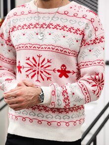 Manfinity Men's Fashion Jacquard Long Sleeve Sweater, Versatile For Holidays - Red - View 3