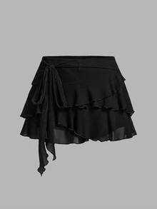 SHEIN ICON 女款多層荷葉邊低腰 Y2K 黑色迷你裙 - 黑色 - 查看 4