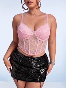 SHEIN ICON 黑色束腰式蕾絲細肩帶背心上衣 - 粉色 - 查看 4