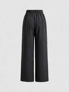 SHEIN PETITE CURVE Plus Size Women's Solid Color Pleated Wide Leg Loose Casual Long Pants - Multicolor - View 4