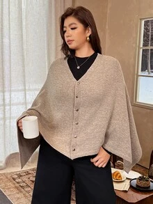 Vionelle Atasan Poncho Wanita Ukuran Besar, Kasual, Minimalis, Dekorasi Kancing Emas, Warna Khaki, Cocok untuk Aktivitas Sehari-hari, Kerja, Perjalanan, Musim Gugur, dan Musim Dingin. - Khaki - View 7