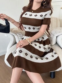 Feyla 女款花卉圖案休閒日常針織洋裝 - 卡其色 - 查看 3