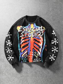 ROMWE MEN Men's Visual Style Skull Abstract Print Streetwear Long Sleeve T-Shirt - Black - View 1