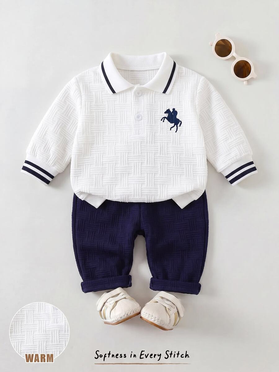 Cozy Pixies Baby Boy Cartoon Bear Pattern Knitted Soft Crew Neck Long Sleeve Pullover Sweatshirt And Elastic Waist Long Winter Pants 2-Piece Set - Multicolor - View 1