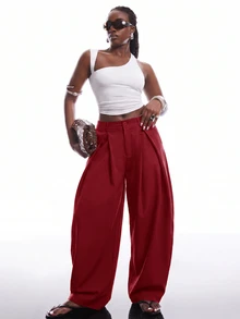 SHEIN EZwear 酒紅色秋冬復古休閒街頭風寬鬆版型軍綠色弧形下擺大尺碼長褲 - 酒紅色 - 查看 7