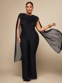 SHEIN BAE CURVE Jumpsuit Celana Panjang Hitam Ukuran Besar dengan Kerah Model Cowl - Hitam - View 5