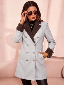 SHEIN Clasi 秋冬款翻領雙排扣大衣 - 灰色 - 查看 5