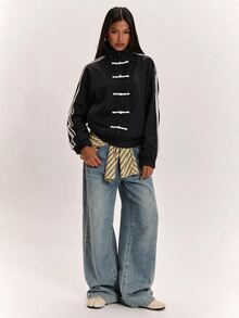 SHEIN BAE Women's Casual Jacket With Side Stripe And Frog Button Design - Black - View 7