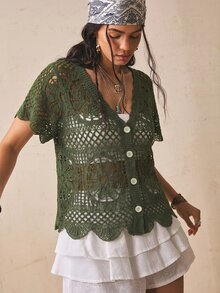 Freevana 大尺碼女款純色V領鏤空刺繡休閒短袖針織開襟衫 - 軍綠色 - 查看 7