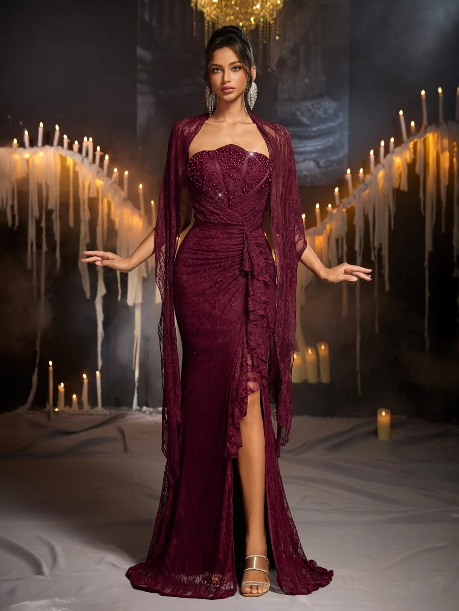 Glamrae Elegant Burgundy Lace, Pearl And Rhinestone Decorated Strapless With Flutter Sleeves Mermaid Skirt Women's Evening Gown - Burgundy - View 1