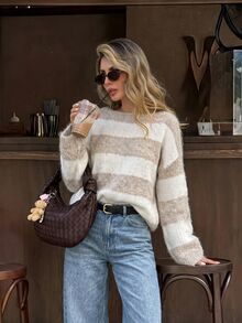 Serisse Women's Casual Striped Boat Neck Drop Shoulder Long Sleeve Sweater - Multicolor - View 4