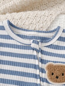 2pcs/Set Autumn/Winter Newborn Baby Romper, Fresh & Cute Blue & White Ribbed Fabric, Exquisite Cute Bear Patch, Zipper Front, Long Sleeve, Footed Crawl Suit With Hat, Home Wear - Blue - View 5