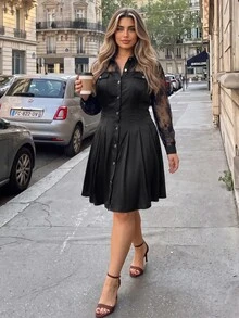Vionelle Plus Size Lace Mesh Patchwork Pleated Hem Shirt Dress, Solid Color Round Neck Long Sleeve Modern Fashion Party Dress Fall - Black - View 6