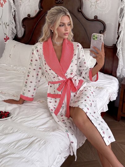CottageSlumber Minimalist Colorblock Striped Patchwork Lapel Floral Print Robe Women's Casual Comfortable Loungewear