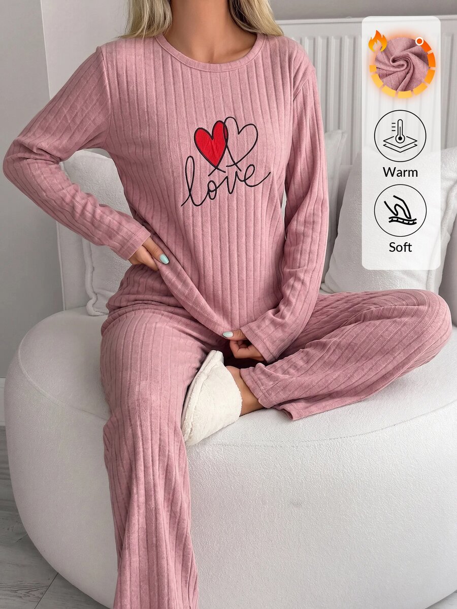 SHEIN Women Heart Embroidery Ribbed Crew Neck Long Sleeve Top And Straight Leg Pants 2-Piece Casual Pajama Set - Dusty Pink - View 1