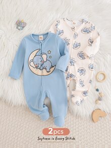 Cozy Pixies 2件組新生兒嬰兒休閒日常舒適大象印花拉鍊長袖長褲家居服，2款各1件，共2件套 - 藍色 - 查看 9
