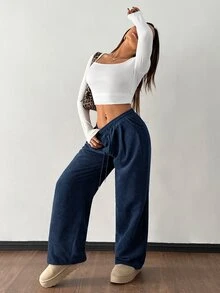 SHEIN PETITE Women's Autumn And Winter Street Fashion Casual Retro Corduroy Textured Pants - Navy Blue - View 3
