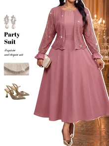 Fleurora Plus Size Women's Sequin Ruffle Cuff Open Front Jacket And Dress Elegant 2 Pieces Set - Dusty Pink - View 6
