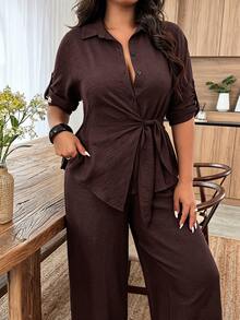 Linhara CURVE Women's Plus Size Spring/Autumn Casual Lapel Tie Waist Cinched Blouse And Loose Pants 2 Pieces Set, Suitable For Daily Wear And Office Fall - Brown - View 5
