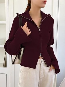 DAZY 秋冬酒紅色修身顯瘦長袖百搭休閒通勤街頭風女款開襟針織衫，立領雙拉鍊設計 - 酒紅色 - 查看 1