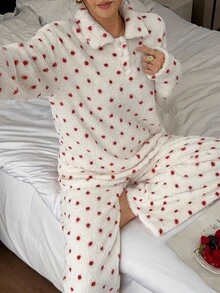Napfluff Cute Polka Dot Women's Fuzzy Pajama Set, Autumn/Winter Loungewear - White - View 6