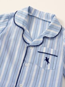 Baby Boy Striped Collared Contrast Trim Long Sleeve Loose Thick Open Front Top And Straight Leg Pants Set, Versatile For Winter - Blue and White - View 4
