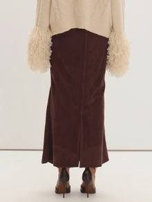 MUSEYN Brown Suede Lace Detail Maxi Skirt Fall Everyday Casual Timeless New Season - Dark Green - View 4