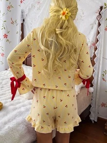 CottageSlumber Cute Bowknot Ruffle Heart Stripe Long Sleeve Loungewear - Multicolor - View 2