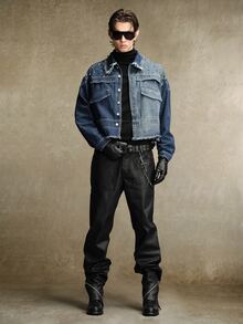 ROMWE MEN Street Life Men's Contrast Color Washed Short Denim Jacket, Distressed Frayed Hem With Rivet Decor, Turned-Up Collar, Y2K Punk Gothic Street Style Hip Hop Rock Loose Fit Short Denim Top, Suitable For Casual Daily Wear, Nightclub, Street Fashion - Blue - View 2