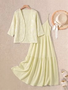 Rusticease Women's Embroidered Open Front Cardigan And Ruffle Hem Cami Dress Elegant Romantic 2 Pieces Set Tea Party Vacation White Floral Butter Yellow Autumn - Light Yellow - View 3