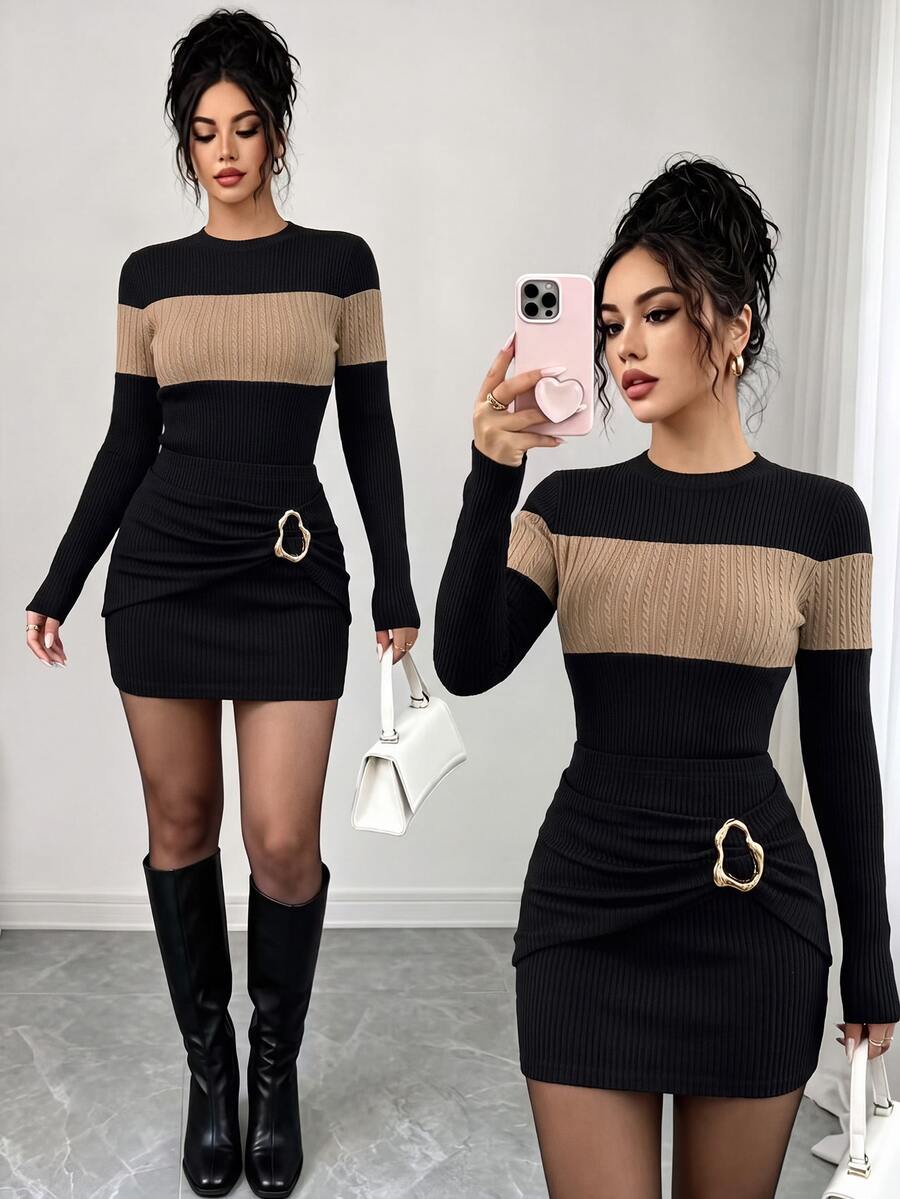 SHEIN Elenzya Women's Colorblock Round Neck Long Sleeve Top And Metal Decor Bodycon Skirt Elegant Set - Black - View 1