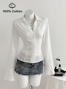 Elamini Women's Patchwork Lace Cotton V-Neck Elegant Commute Flared Sleeve Blouse - White - View 5