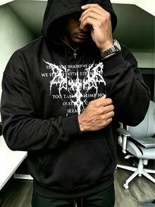 GymBeat Men's Letter Print Long Sleeve Hooded Sweatshirt - Black - View 5