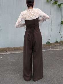 FRIFUL Women's Solid Color Strapless Fashion Wide Leg Jumpsuit - Brown - View 4