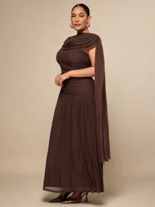 SHEIN BAE CURVE Elegant Brown Plus-Size Long Gown Suitable For Special Occasions, Featuring A Draped Design And Long Cape Sleeves. Autumn/Winter Style; - Coffee Brown - View 6
