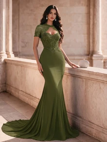 Coutiva Gaun Malam Formal Elegan Lengan Pendek Wanita dengan Hiasan Manik-Manik dan Renda Kontras (Pengerjaan Berat) - Hijau Tentara - View 7