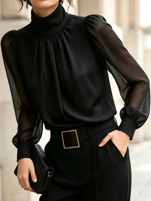 SHEIN European And American New Fashion High Neck Sexy Patchwork Semi-Transparent Long Sleeve Design Pullover Pleated Women's Blouse, Women's Spring/Autumn Top, Long Sleeve Top, Autumn/Winter Clothing, Autumn/Winter Outfit, Vacation, Outing, Y2K, Spring, Summer, Back To School, Casual, Beach, Business, Versatile, Sexy, Women's Black Blouse, Women's Commuter Top - Black - View 7