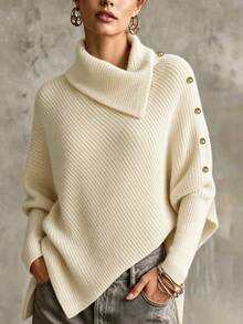 LUMIGAL Women's Solid Color Button Design Batwing Sleeve Fashion Sweater - Apricot - View 1