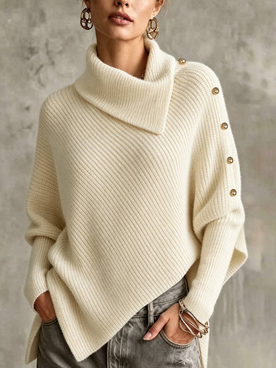 LUMIGAL Women's Solid Color Button Design Batwing Sleeve Fashion Sweater - Apricot - View 1