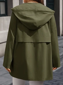 EMERY ROSE 大尺碼女款純色長袖連帽休閒風衣大衣，附口袋 - 軍綠色 - 查看 2