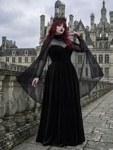 Whyspr European Women's Plus Size Black Mesh Shawl Strapless A-Line Velvet Long Slimming Party Evening Dress Halloween - Black - View 3
