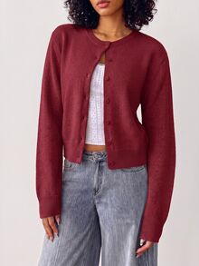SHEIN BASICS 女款素色長袖單排扣針織開襟衫 - 酒紅色 - 查看 3