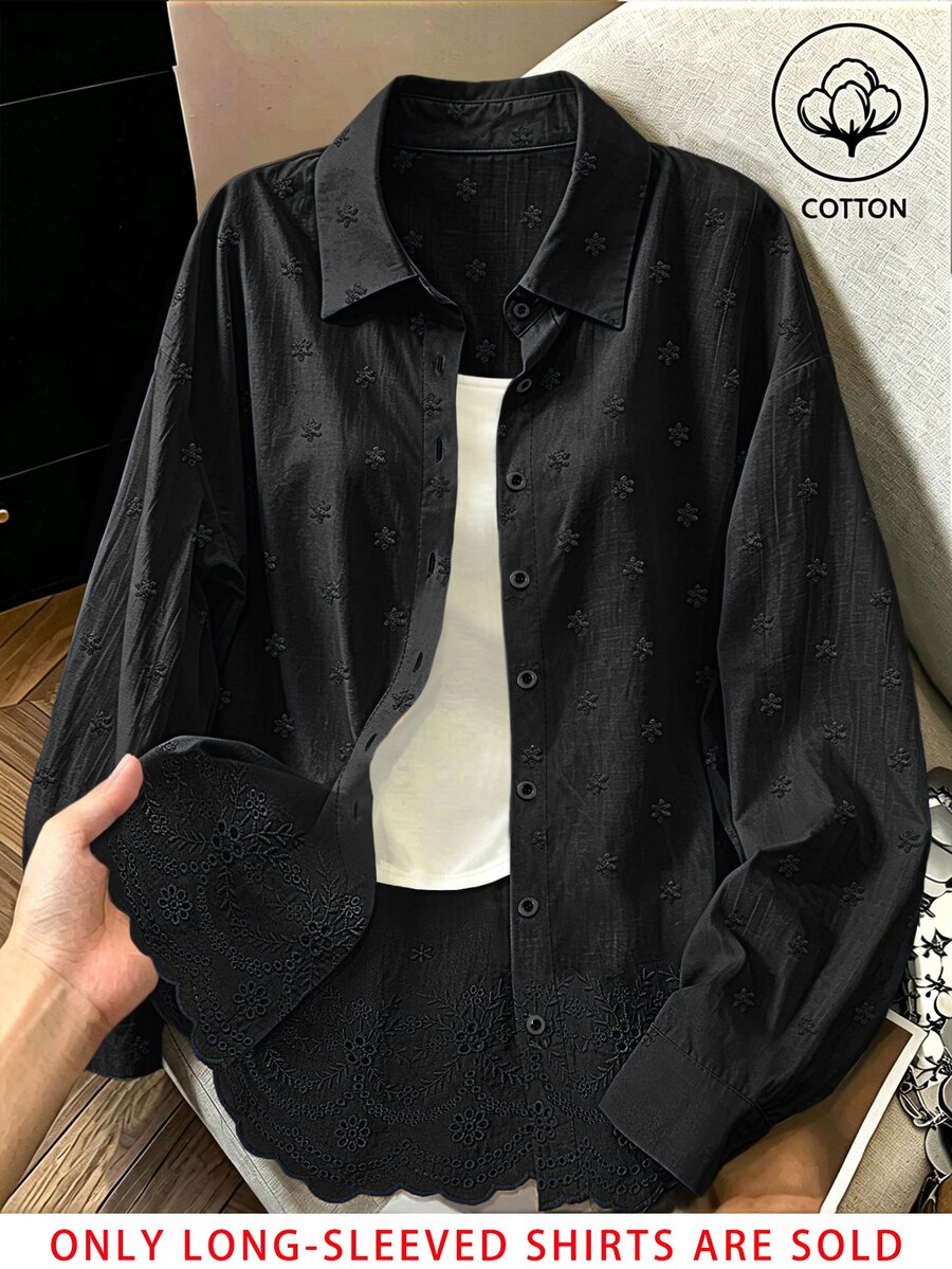 Franclia 時尚休閒優雅百搭純色刺繡可追溯純棉布料寬鬆女款襯衫 辦公室早午餐穿搭 黑色 秋季 - 黑色 - 查看 1