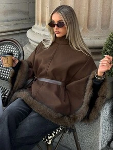 Aloruh Women's Autumn/Winter Deep Brown New Modern Minimalist Commuter Stand Collar Cape Waist-Cinching Striped Patchwork Overcoat - Brown - View 7