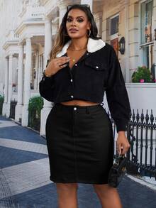 SHEIN Essnce Plus Size Women's High Waist Bodycon Casual Denim Mini Skirt - Black - View 3
