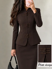 Graceveil Elegant New Chinese Style Frog Button Stand Collar Waist-Cinching Blazer - Brown - View 9