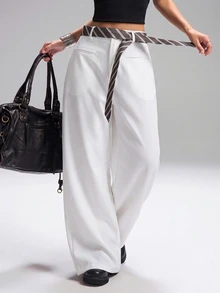 SHEIN EZwear 白色大尺碼女款寬腿寬鬆休閒西裝長褲 - 白色 - 查看 5