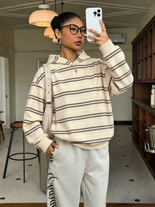 青少年女孩休閒極簡基本款粉色條紋寬鬆加厚連帽衛衣，適合秋冬日常、街頭、外出、校園、運動，甜美少女風 - 白色 - 查看 4